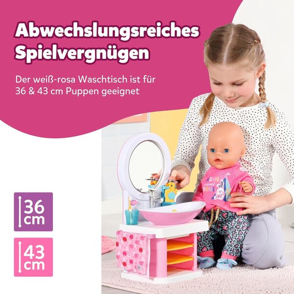 BABY Born Waschtisch interaktiv mit Licht, Geräuschen und Zubehör inklusive für Puppen 36-43 cm