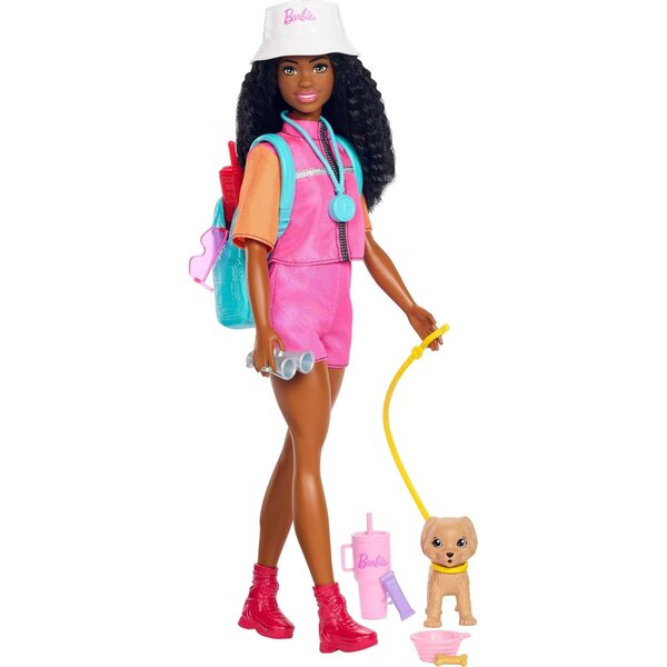 Barbie Brooklyn Outdoor Fashion mit Campingzubehör und Hund, Abenteuerspaß