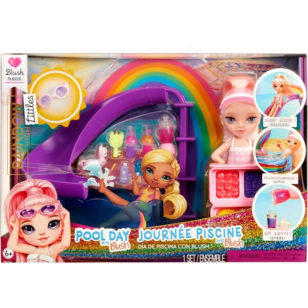 Rainbow High Littles Pool Day mit Blush – Puppe 14 cm, Pool mit Regenbogenrutsche und Zubehör