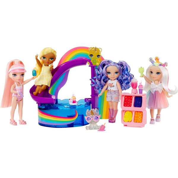 Rainbow High Littles Pool Day mit Blush – Puppe 14 cm, Pool mit Regenbogenrutsche und Zubehör