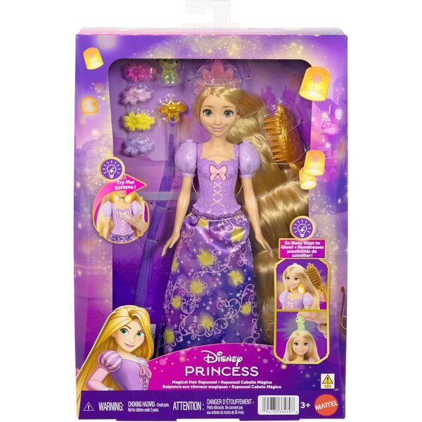 Mattel Disney Princess Rapunzel mit leuchtendem Haar und 7 Styling-Accessoires