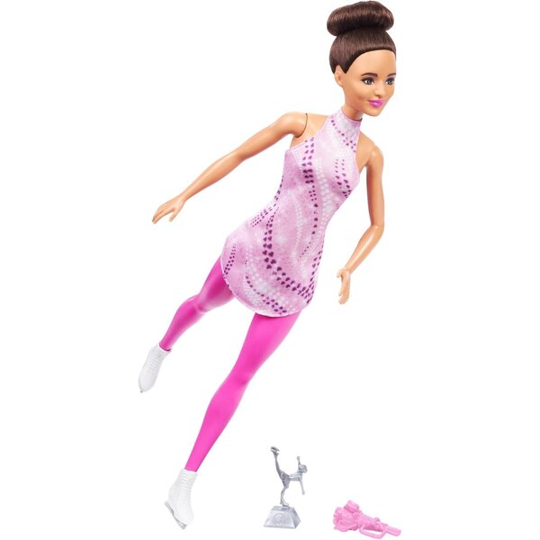 Barbie-Eiskunstläuferin mit rosa Kinderkleidung, Trophäe und Accessoires