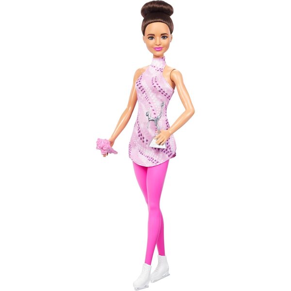 Barbie-Eiskunstläuferin mit rosa Kinderkleidung, Trophäe und Accessoires