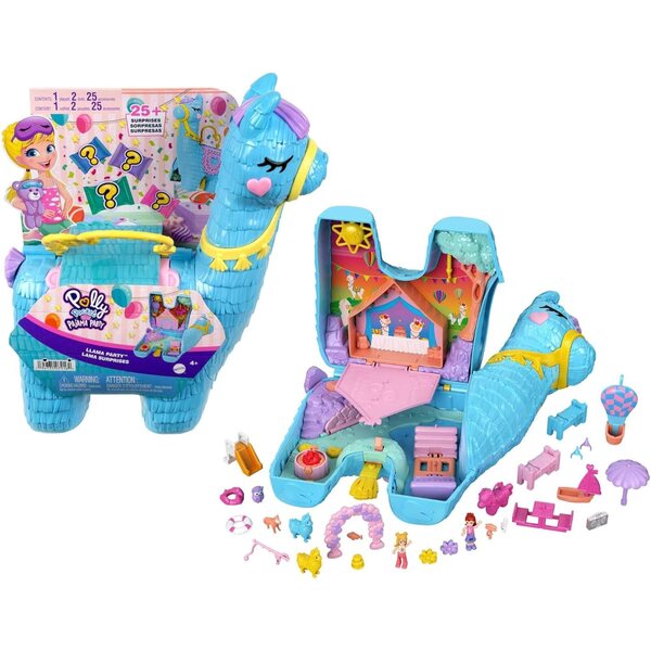Polly Pocket Lama Party Schatulle mit 25 Zubehörteilen und 2 Puppen, interaktives Spiel für Kinder
