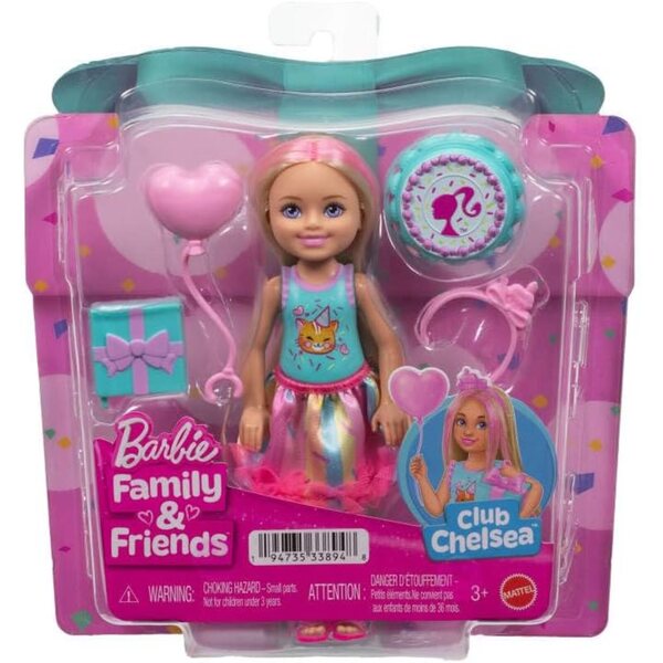Barbie Club Chelsea 15 cm große Puppe mit Geburtstagsthema und 4 Partyzubehör