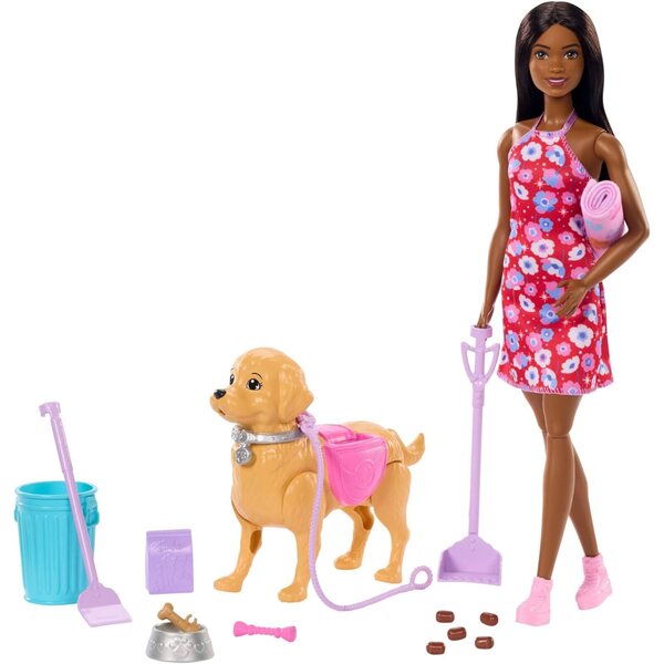 Barbie Hundespaziergang Spielset con cane giocattolo e accessori per cura canina