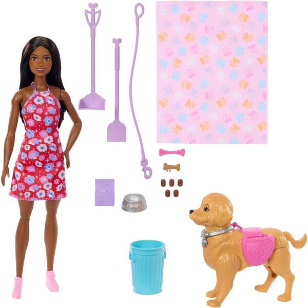 Barbie Hundespaziergang Spielset con cane giocattolo e accessori per cura canina