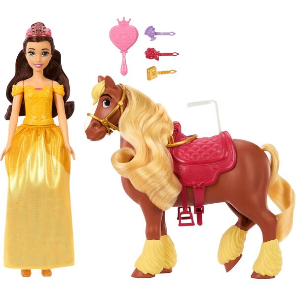 Mattel Disney Princess Belle mit Pferd Philippe und Styling-Zubehör
