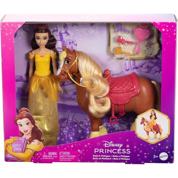 Mattel Disney Princess Belle mit Pferd Philippe und Styling-Zubehör