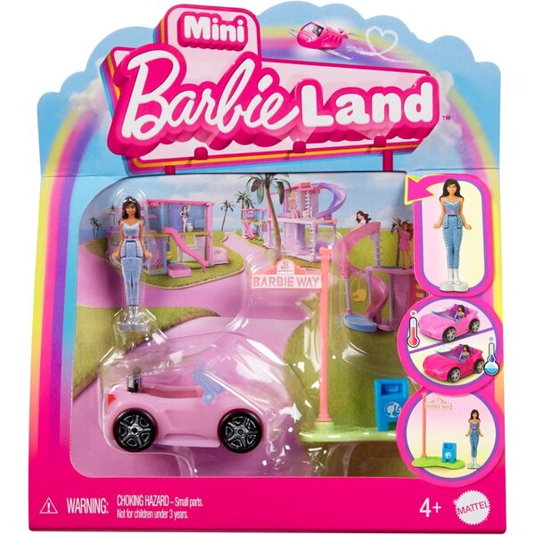 Barbie Mini BarbieLand Set mit 4 cm großer Puppe und farbwechselndem Cabriolet + Zubehör