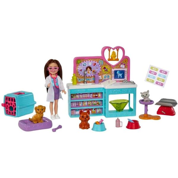 Barbie Chelsea Animal Clinic Spielset mit Puppe, 4 Tieren und 18 Zubehörteilen für Kinder ab 3 Jahren