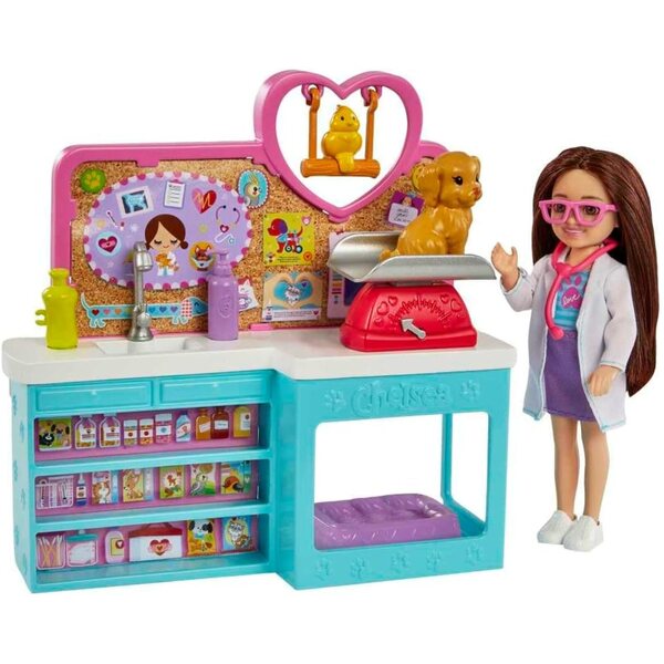 Barbie Chelsea Animal Clinic Spielset mit Puppe, 4 Tieren und 18 Zubehörteilen für Kinder ab 3 Jahren