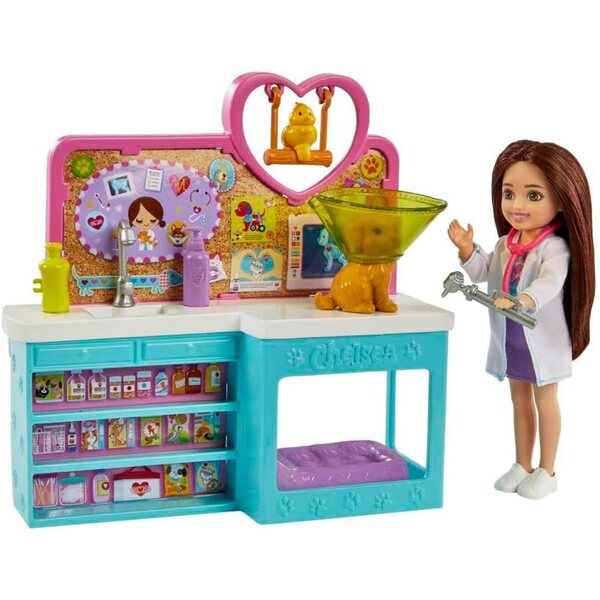 Barbie Chelsea Animal Clinic Spielset mit Puppe, 4 Tieren und 18 Zubehörteilen für Kinder ab 3 Jahren