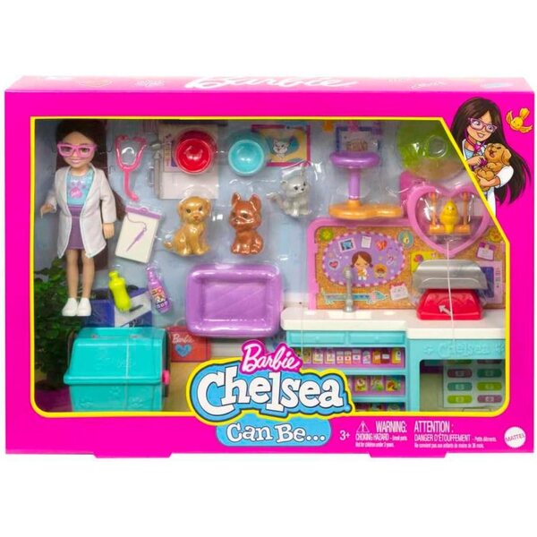 Barbie Chelsea Animal Clinic Spielset mit Puppe, 4 Tieren und 18 Zubehörteilen für Kinder ab 3 Jahren
