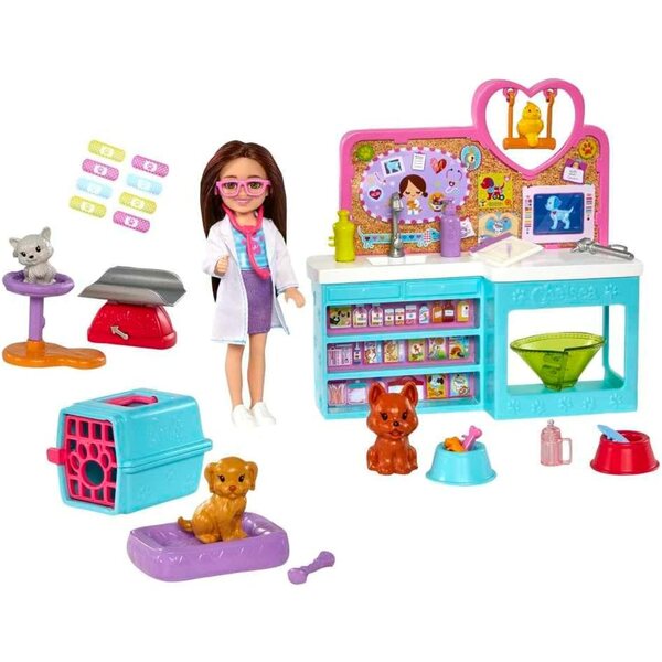 Barbie Chelsea Animal Clinic Spielset mit Puppe, 4 Tieren und 18 Zubehörteilen für Kinder ab 3 Jahren
