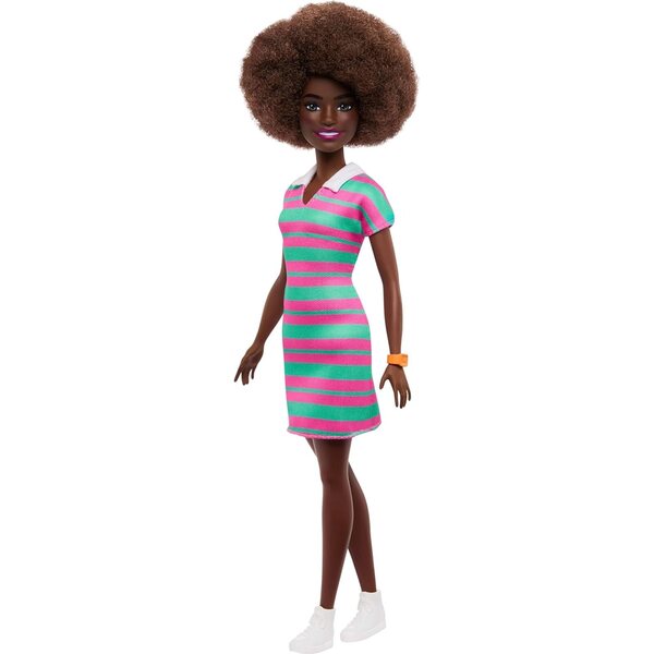 Barbie Fashionistas mit schwarzen Locken und rosa-grün gestreiftem Kleid mit trendigen Accessoires