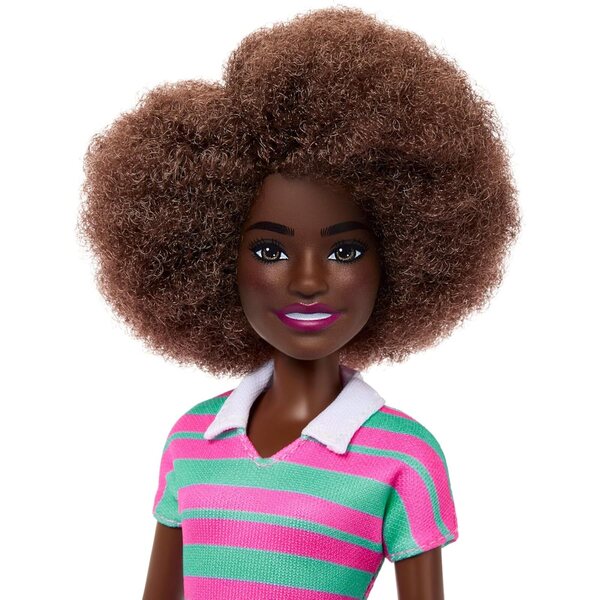Barbie Fashionistas mit schwarzen Locken und rosa-grün gestreiftem Kleid mit trendigen Accessoires