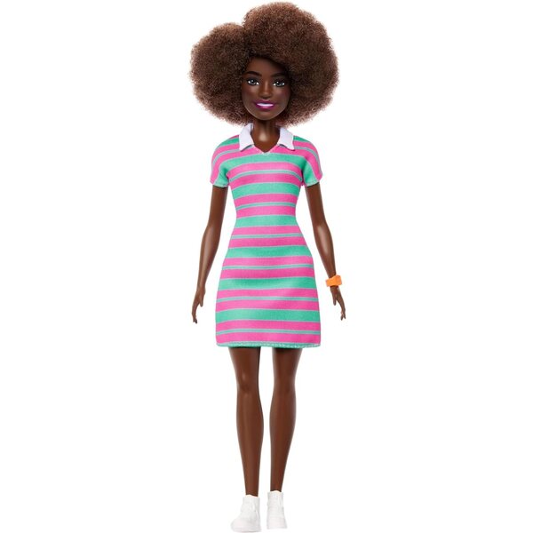 Barbie Fashionistas mit schwarzen Locken und rosa-grün gestreiftem Kleid mit trendigen Accessoires