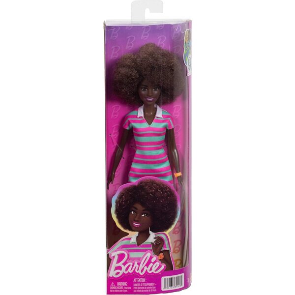 Barbie Fashionistas mit schwarzen Locken und rosa-grün gestreiftem Kleid mit trendigen Accessoires