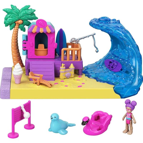 Polly Pocket Pollyville Sonnenstrand – Spiel mit Puppe, Tier und Zubehör für Kinder ab 4 Jahren