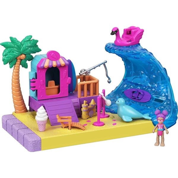 Polly Pocket Pollyville Sonnenstrand – Spiel mit Puppe, Tier und Zubehör für Kinder ab 4 Jahren