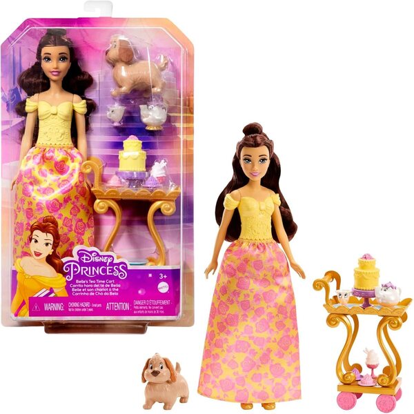 Disney Princess Belle mit Teewagen 2 Ebenen, Puppe und Zubehör für Kinder