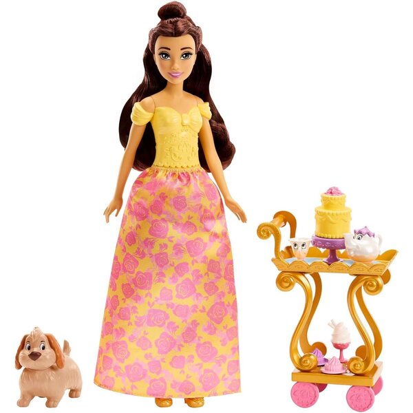 Disney Princess Belle mit Teewagen 2 Ebenen, Puppe und Zubehör für Kinder