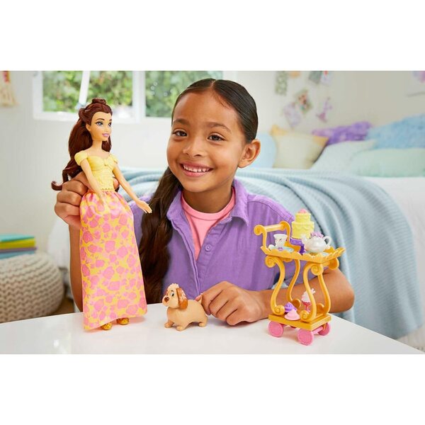 Disney Princess Belle mit Teewagen 2 Ebenen, Puppe und Zubehör für Kinder