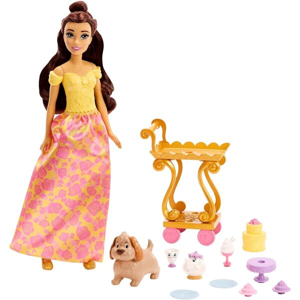Disney Princess Belle mit Teewagen 2 Ebenen, Puppe und Zubehör für Kinder