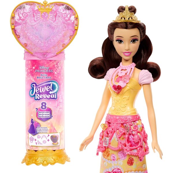 Disney Princess Belle Modepuppe mit 8 Überraschungen und Herzjuwelen mit Behälter