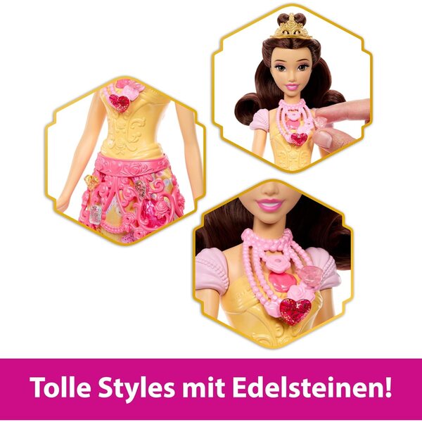 Disney Princess Belle Modepuppe mit 8 Überraschungen und Herzjuwelen mit Behälter