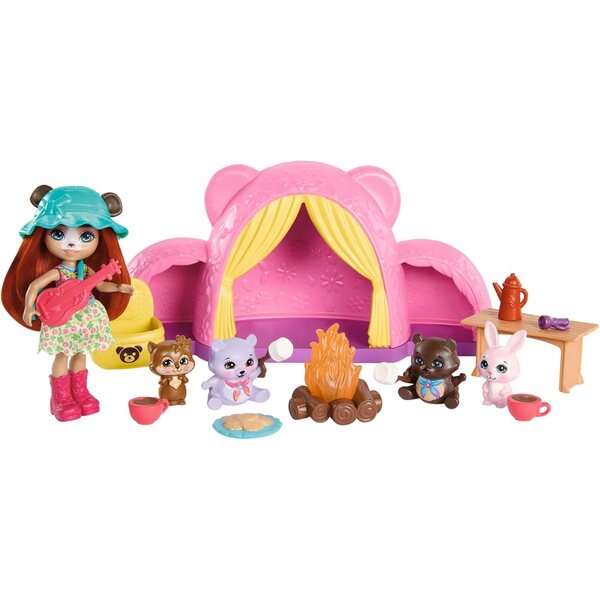 Enchantimals Camping-Abenteuerset mit Pupo und Tierfreunden, Rucksack und Zubehör
