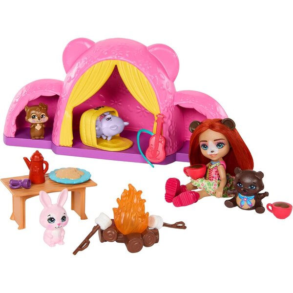 Enchantimals Camping-Abenteuerset mit Pupo und Tierfreunden, Rucksack und Zubehör
