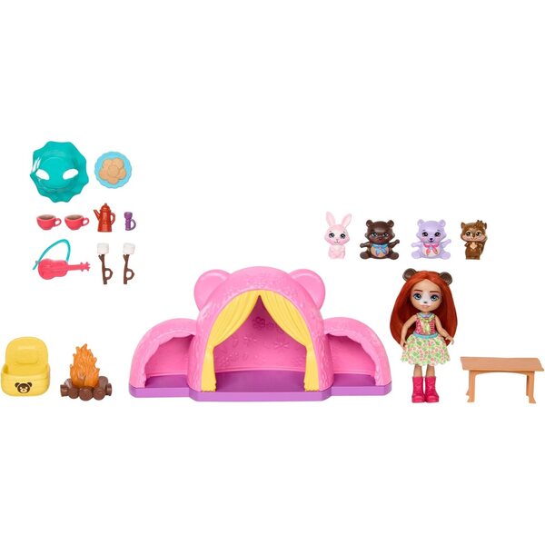 Enchantimals Camping-Abenteuerset mit Pupo und Tierfreunden, Rucksack und Zubehör