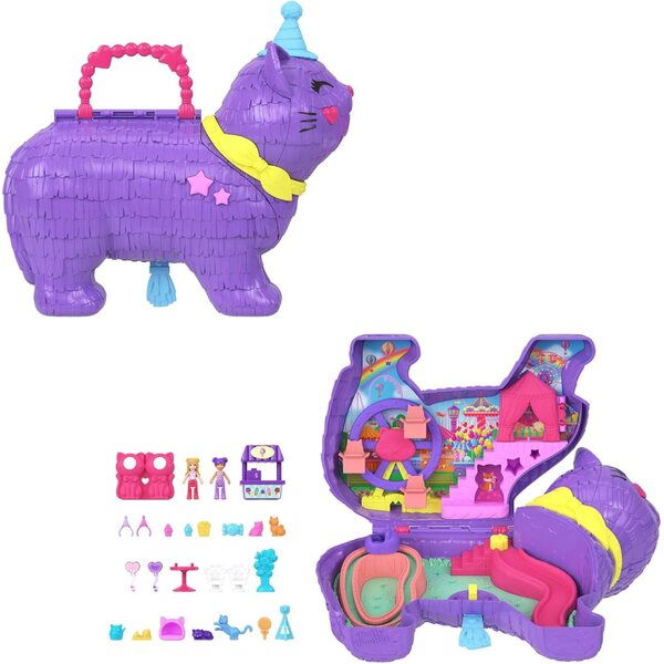 Polly Pocket-Spiel mit 2 Mikropuppen und 23 Zubehörteilen für eine Überraschungsparty mit Kätzchen