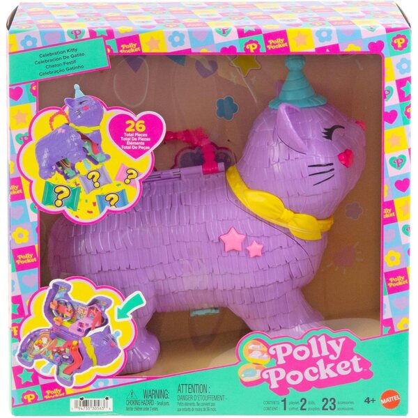 Polly Pocket-Spiel mit 2 Mikropuppen und 23 Zubehörteilen für eine Überraschungsparty mit Kätzchen
