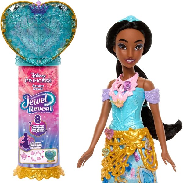 Mattel Disney Princess Jasmin mit 8 Überraschungen und Zubehör, Puppe und Schmuck inklusive