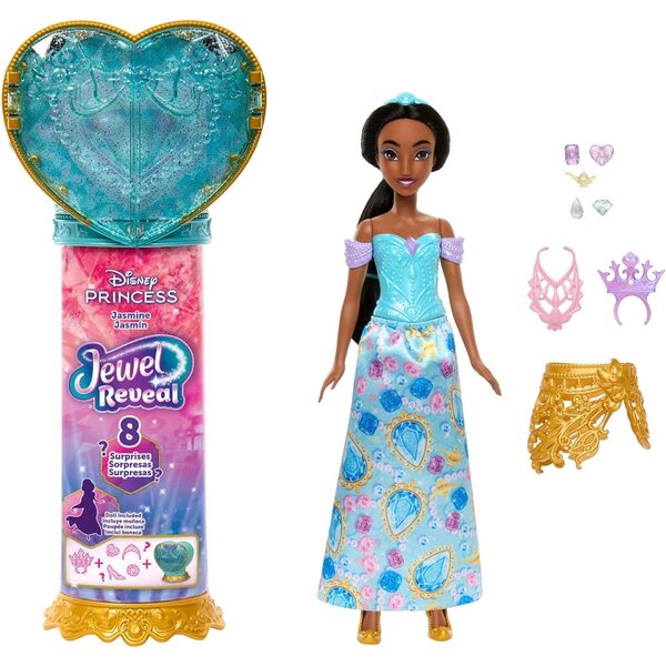 Mattel Disney Princess Jasmin mit 8 Überraschungen und Zubehör, Puppe und Schmuck inklusive