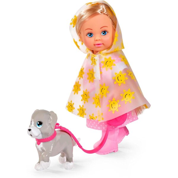 Evi Love Rainy Walk, bambola 12cm con abbigliamento pioggia e cane, da 3+ anni