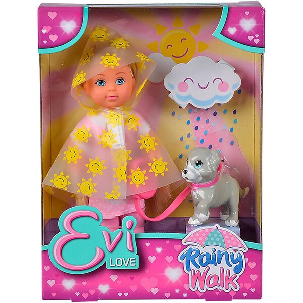 Evi Love Rainy Walk, bambola 12cm con abbigliamento pioggia e cane, da 3+ anni
