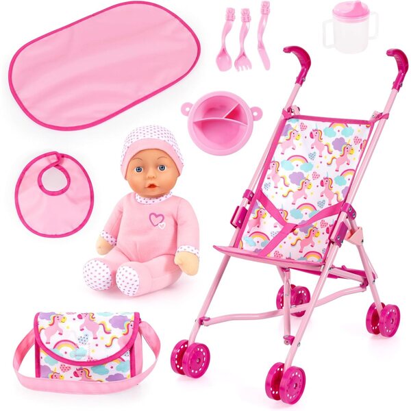Bayer Design Puppenbuggy Set pieghevole con bambola morbida e accessori rosa
