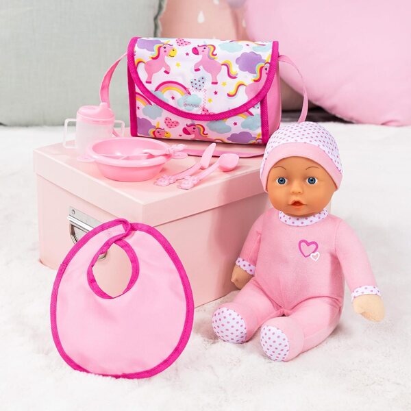 Bayer Design Puppenbuggy Set pieghevole con bambola morbida e accessori rosa