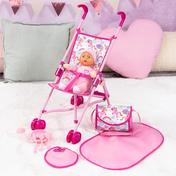 Bayer Design Puppenbuggy Set pieghevole con bambola morbida e accessori rosa