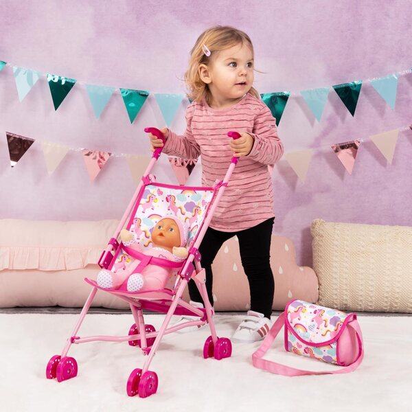 Bayer Design Puppenbuggy Set pieghevole con bambola morbida e accessori rosa