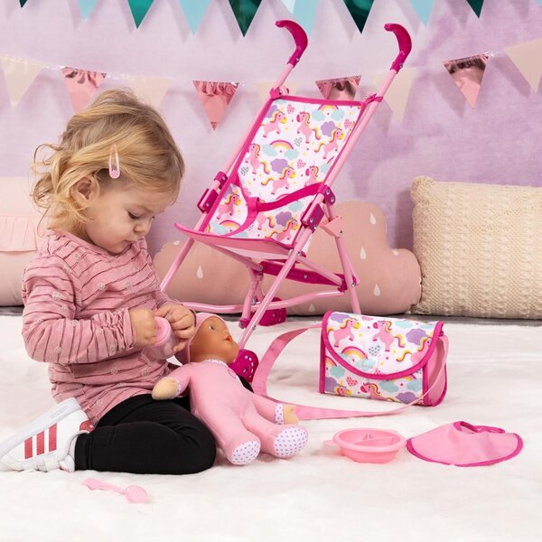 Bayer Design Puppenbuggy Set pieghevole con bambola morbida e accessori rosa
