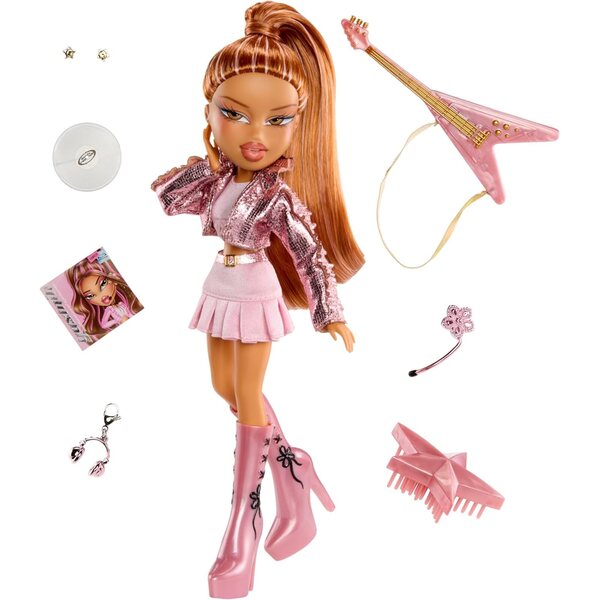 Bratz Pop Starz Yasmin mit rosa Outfit, Mikrofon, Gitarre und Breloque zum Sammeln