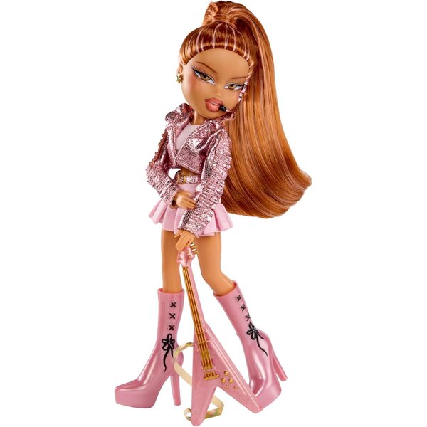 Bratz Pop Starz Yasmin mit rosa Outfit, Mikrofon, Gitarre und Breloque zum Sammeln