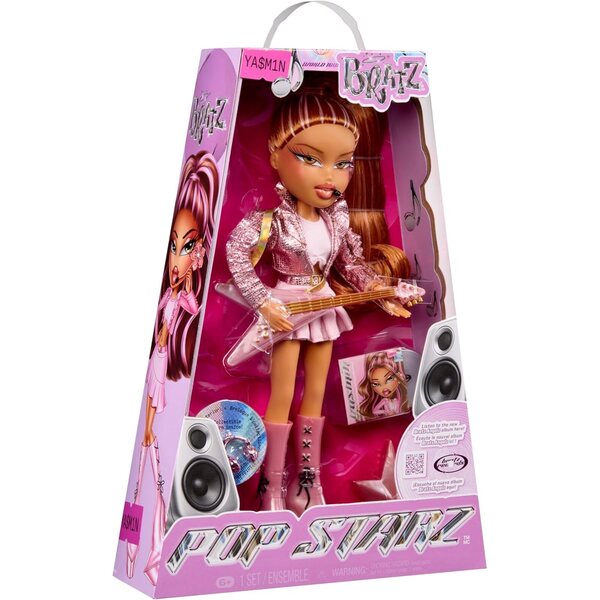Bratz Pop Starz Yasmin mit rosa Outfit, Mikrofon, Gitarre und Breloque zum Sammeln