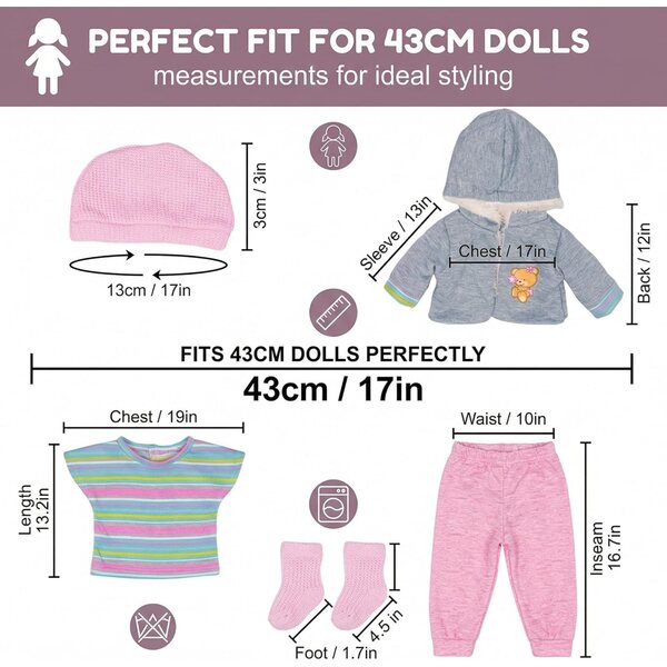 Bekleidungsset für Puppen 35–43 cm mit Jacke, gestreiftem Hemd, Mütze und Socken