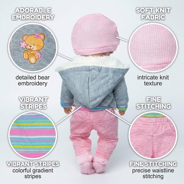 Bekleidungsset für Puppen 35–43 cm mit Jacke, gestreiftem Hemd, Mütze und Socken